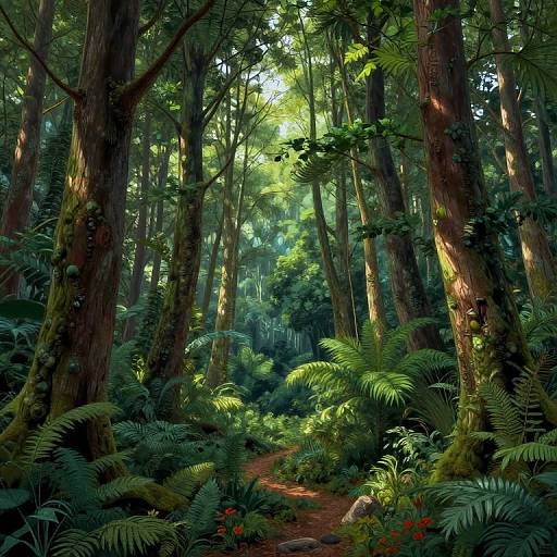 Photorealistic digital artwork of a lush, sun-dappled forest with towering redwood trees, dense ferns, and a winding dirt path.