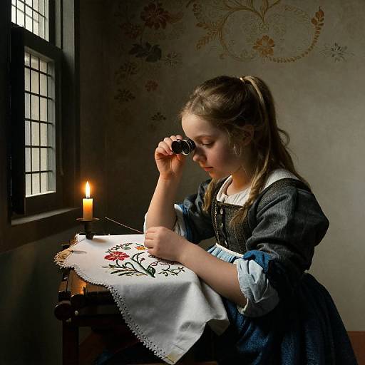 Young girl with brown hair in blue dress, embroidering by candlelight in dimly lit room, focusing on floral pattern. Photorealistic digital art