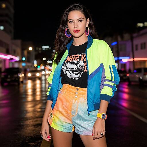 Photograph of a young woman with dark hair, wearing a neon yellow and blue jacket, black graphic tee, and colorful tie-dye shorts, standing