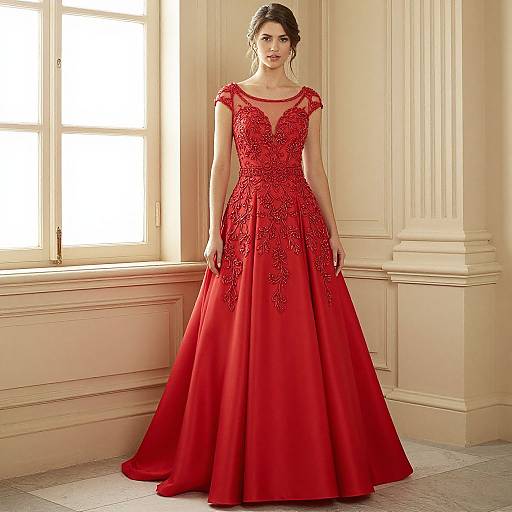 Photograph of a slender woman with dark hair in an elegant, red, lace-embellished ball gown, standing in a sunlit, cream