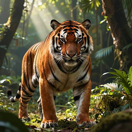 Photograph of a muscular, orange-and-black striped tiger standing in a lush, sunlit forest, with sunlight filtering through dense foliage.