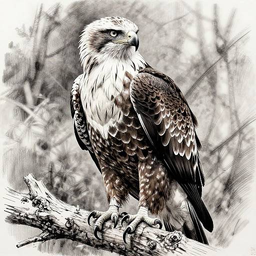 Digital drawing of a detailed, realistic, black-and-white eagle with sharp features, perched on a textured branch against a blurred, grayscale forest background.