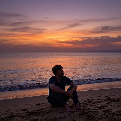 Photograph of a bearded man in dark clothing sitting on a sandy beach at sunset, with a vibrant purple, orange, and pink sky reflecting on
