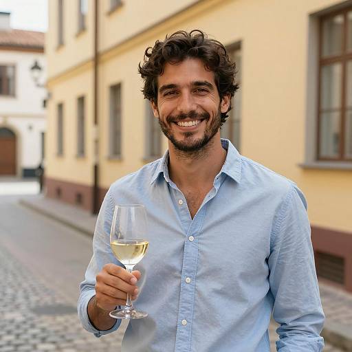 Smiling Man Holding Glass of White Wine Outdoors
