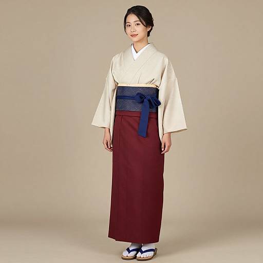 Photograph of an Asian woman in traditional Korean hanbok: white kimono top, maroon long skirt, blue obi belt, white sandals