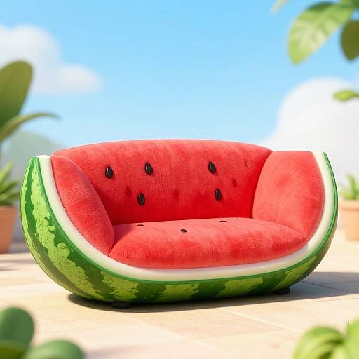 Photorealistic CGI of a vibrant, red watermelon slice with black seeds, shaped into a plush, cushioned chair, set against a sunny,