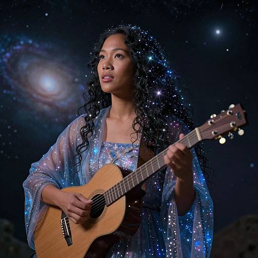 Photograph of an Asian woman with long curly black hair, wearing a shimmering blue gown, playing a wooden acoustic guitar against a starry, galaxy