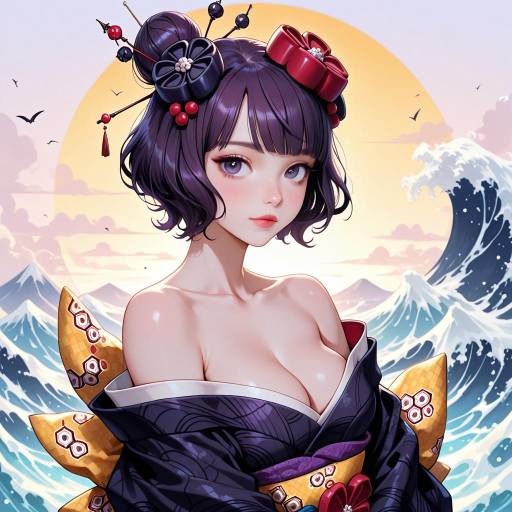 Anime Girl in Kimono with Ocean Waves Background