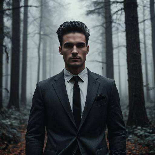 Man in Charcoal Suit in Foggy Forest