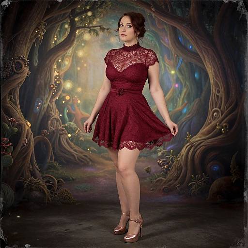 Lanky Woman in Red Lace Dress