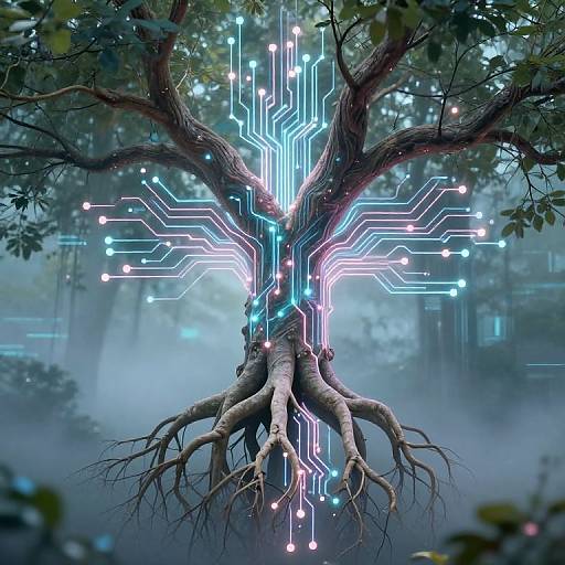 Digital artwork of a tree with glowing neon blue and pink circuit lines, surrounded by misty forest, blending nature and technology.