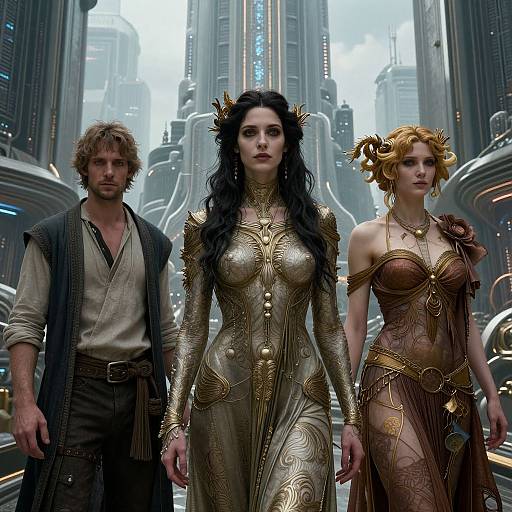 Digital art of a futuristic cityscape with three characters: a rugged man in a brown vest, a dark-haired woman in gold armor, and a blonde