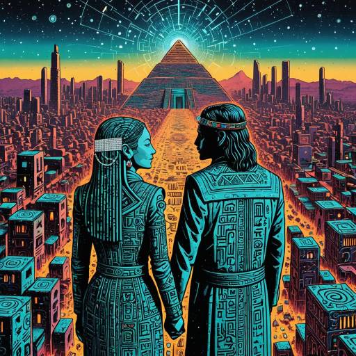 Futuristic Lovers and Ancient Pyramid in Digital Cityscape