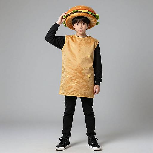 Photograph of a young Asian boy wearing a large, cheeseburger-shaped hat and a golden t-shirt, black long-sleeve shirt, black pants
