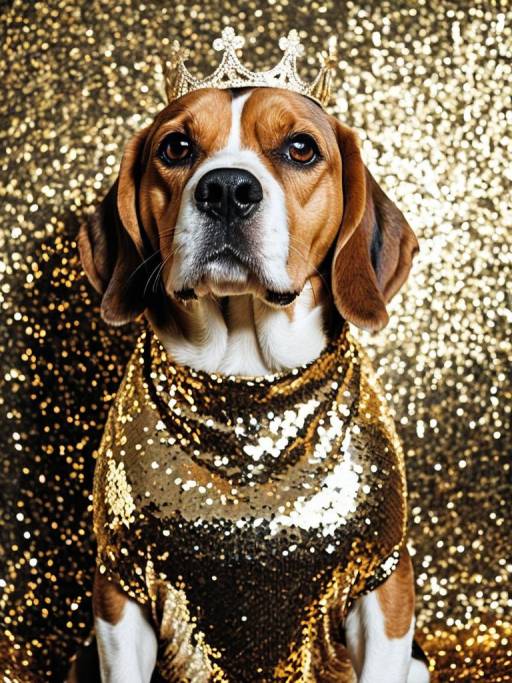 Beagle in Gold Sequined Dress with Crown