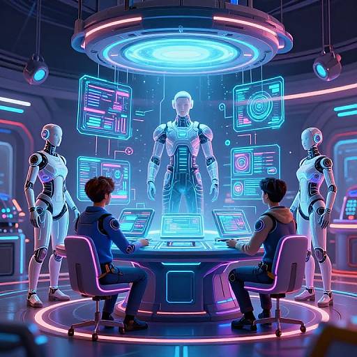 Digital art: Neon-lit futuristic control room with two humans in blue suits, two standing robots, and a central holographic robot. Glowing screens