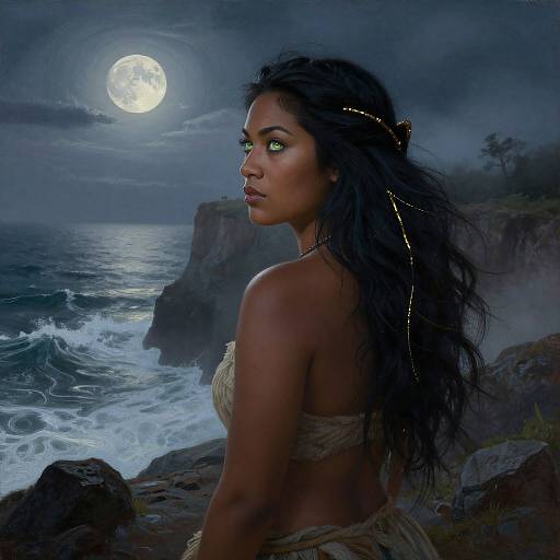 Digital painting of a dark-skinned, green-eyed woman with long black hair, wearing a rope bikini, standing on rocky coastline under a full moonlit