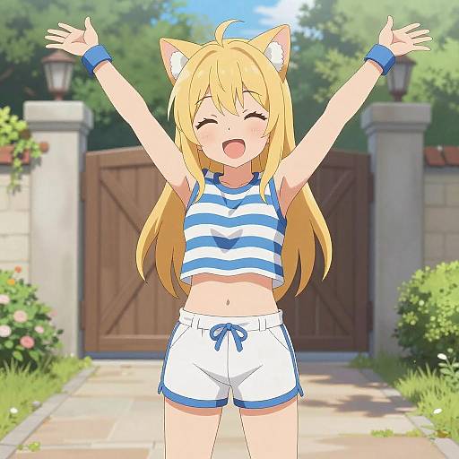 Anime Girl with Cat Ears in Garden