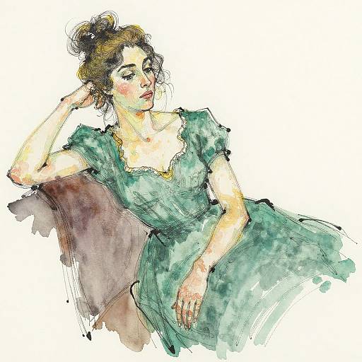 Watercolor sketch of a woman with fair skin, brown hair in a bun, wearing a green, ruffled dress, reclining on a brown chair
