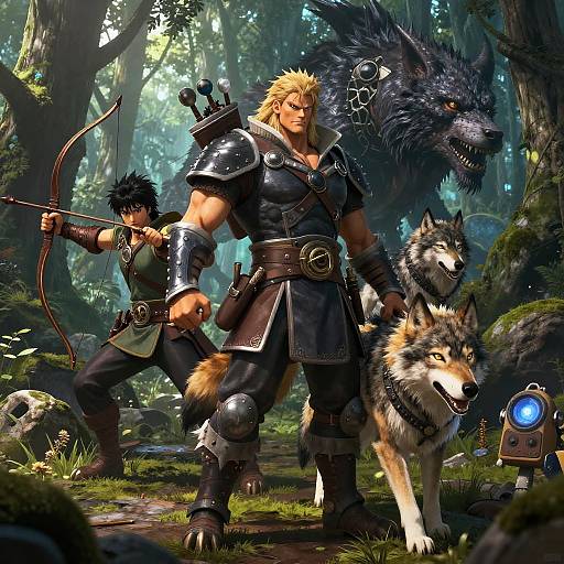 Digital fantasy art: Muscular blond warrior in black armor with quiver, dark-haired archer, and two wolves beside a fierce werewolf in forest