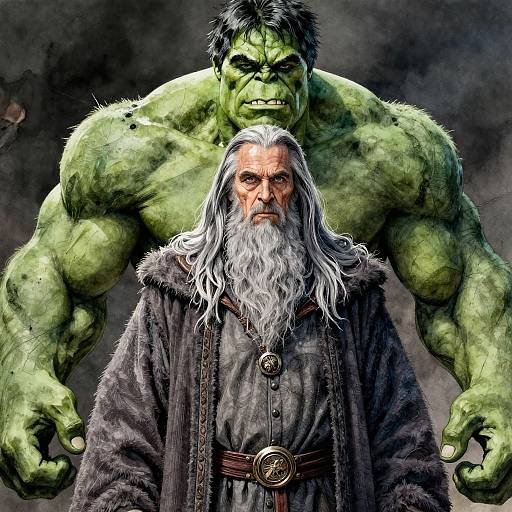 Digital art of an older man with a white beard, wearing a brown robe, standing in front of a towering, muscular green Hulk. Dark, storm