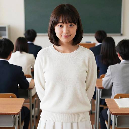 Photograph of a Japanese woman with straight black bob haircut, wearing a white sweater and skirt, standing in a classroom with students seated at desks in the