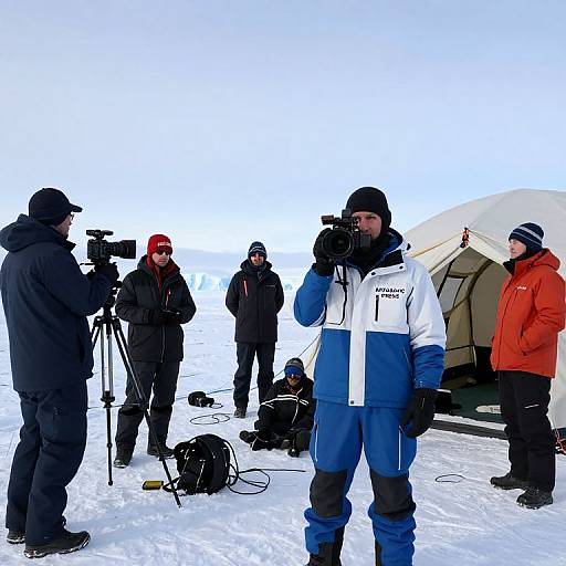 Photograph of six people in winter gear, filming a snow-covered outdoor scene with a white tent, and bright blue sky.