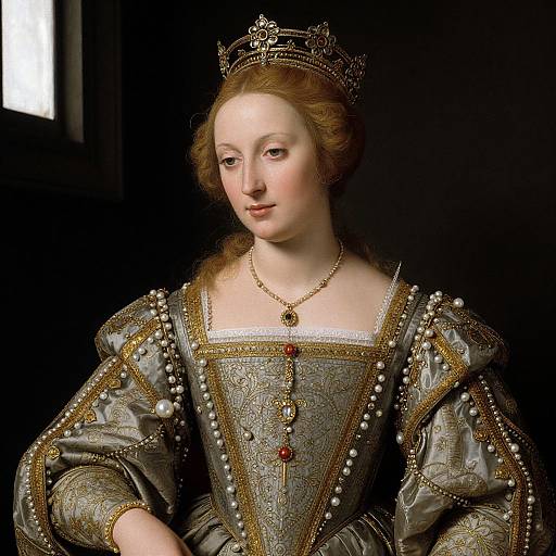 Photograph-style painting of a pale-skinned, red-haired queen wearing an ornate silver gown with pearl and gem accents, gold trim, and a