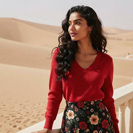 Photograph of a smiling, dark-haired woman in a red sweater and floral skirt standing on a sunlit desert balcony.