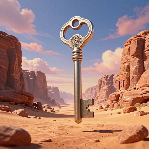 Photorealistic digital artwork: A silver, ornate key with an intricate design hovers in a bright desert canyon, surrounded by towering red rock formations