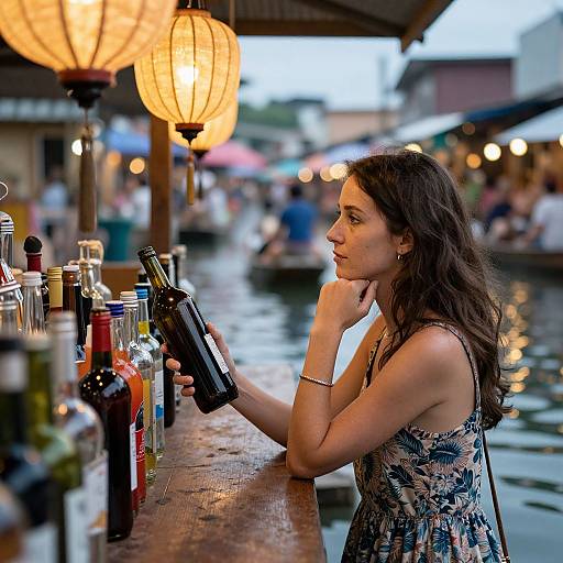 Photograph of a pensive woman with wavy brown hair, wearing a floral dress, holding a beer bottle at a lit, outdoor bar. Warm