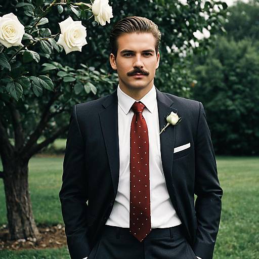 Man in Formal Suit with Red Tie at Outdoor Summer Wedding