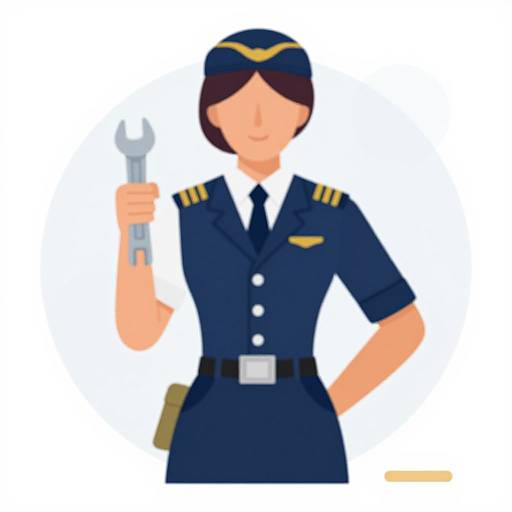 Digital illustration of a smiling female flight attendant in navy uniform, holding a wrench, with short dark hair and yellow headband.