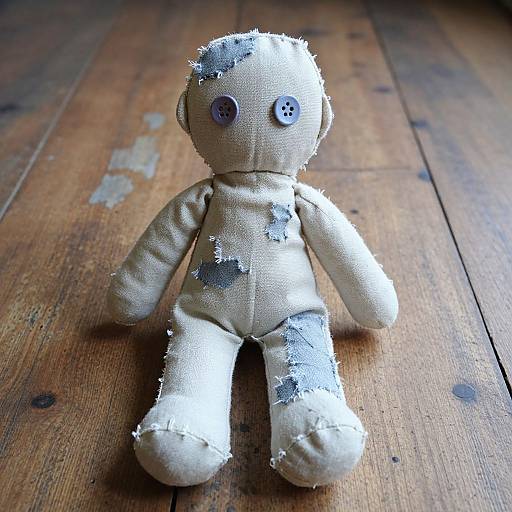 Photograph of a worn, white, button-eyed, patchwork teddy bear with frayed seams, sitting on a rustic, wooden floor.