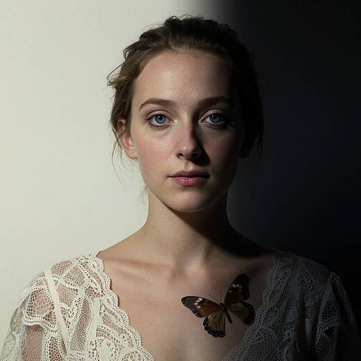 Photograph of a young woman with fair skin, blue eyes, and brown hair in a braid, wearing a white lace top, with a butterfly