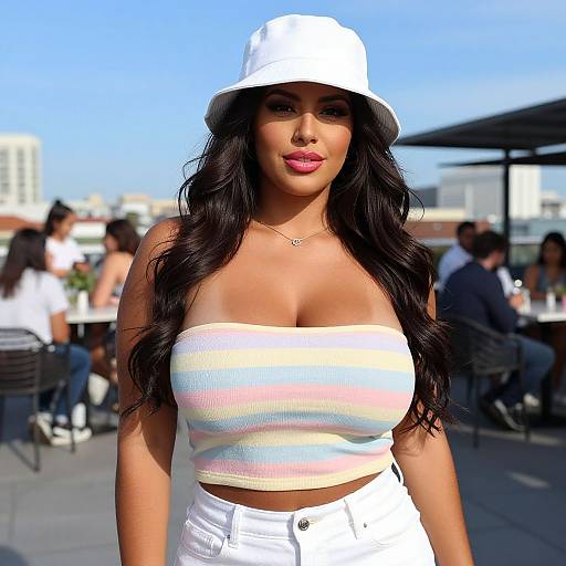 Photograph of a curvy woman with long black hair, wearing a white bucket hat, striped strapless top, and white high-waisted pants