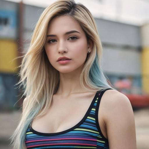 Young Woman with Blonde and Blue Hair in Striped Tank Top