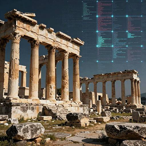 Photograph of ancient Greek ruins with tall, weathered columns under a starry night sky, overlaid with digital text and stars.