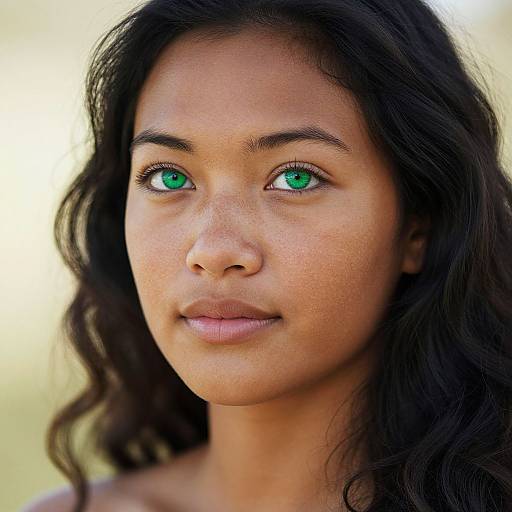 Photograph of a young woman with medium-brown skin, green eyes, and long black wavy hair, smiling softly against a blurred yellow background.