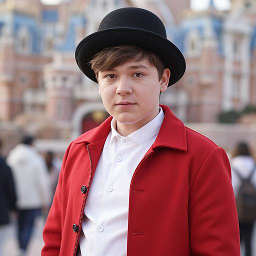 Photograph of a young Caucasian man with fair skin, brown hair, wearing a black hat, white shirt, and bright red coat, standing in front