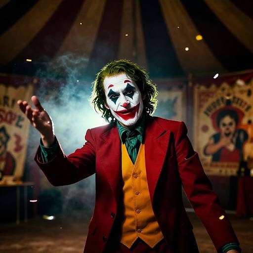 Photograph of Joker in a red suit, yellow vest, and white face paint, raising his hand in a smoke-filled circus tent.