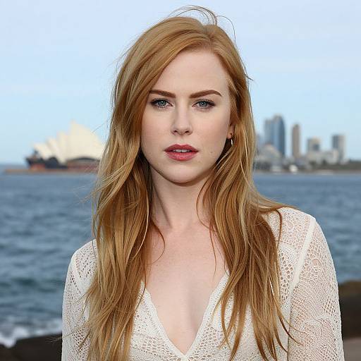 Photograph of red-haired white woman with long hair, wearing white lace top, standing by the ocean with city skyline in the background.