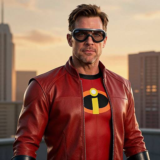 Photorealistic CGI of a muscular man with short brown hair, wearing black sunglasses, red leather jacket, and Superman-like red shirt with yellow emblem,