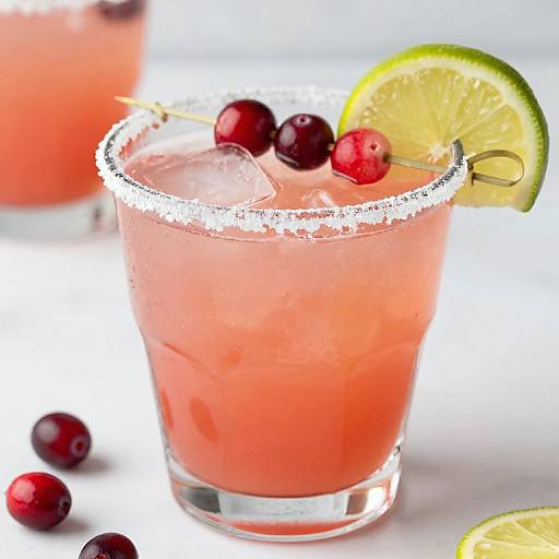 Photograph of a pink margarita in a salt-rimmed glass with cherries and lime, ice cubes, and scattered cherries on white