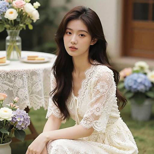 Photograph of an Asian woman with long black hair, wearing a delicate white lace dress, sitting outdoors by a floral table.
