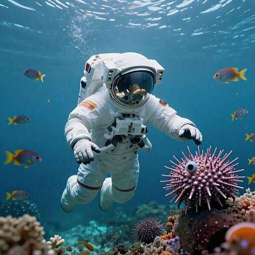 Photograph of an astronaut in a white spacesuit with a reflective helmet, swimming underwater among colorful fish, coral, and a pink spiky sea an