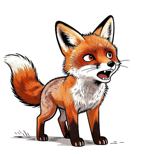 Colorful digital drawing of a cute, cartoon-style red fox with a white chest and fluffy tail, standing with an open mouth and wide eyes on a