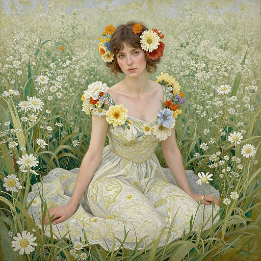 Digital painting of a young woman with short brown hair, wearing a white dress adorned with flowers, sitting in a sunlit field of white daisies