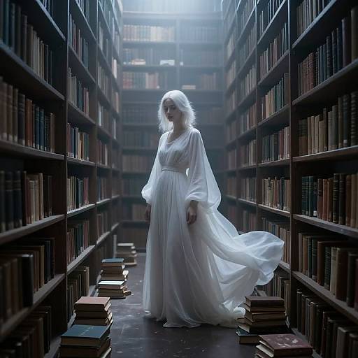 Photograph of a pale woman with white hair in a flowing white gown, standing in a dimly lit, narrow library aisle with bookshelves and