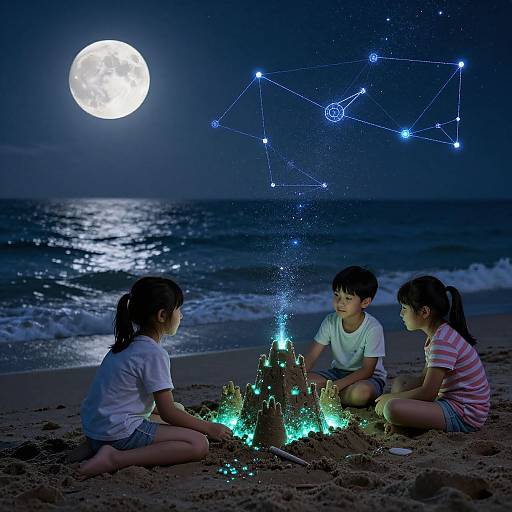 Three children build a glowing sandcastle under a full moon and star constellation, sitting on a nighttime beach with waves.